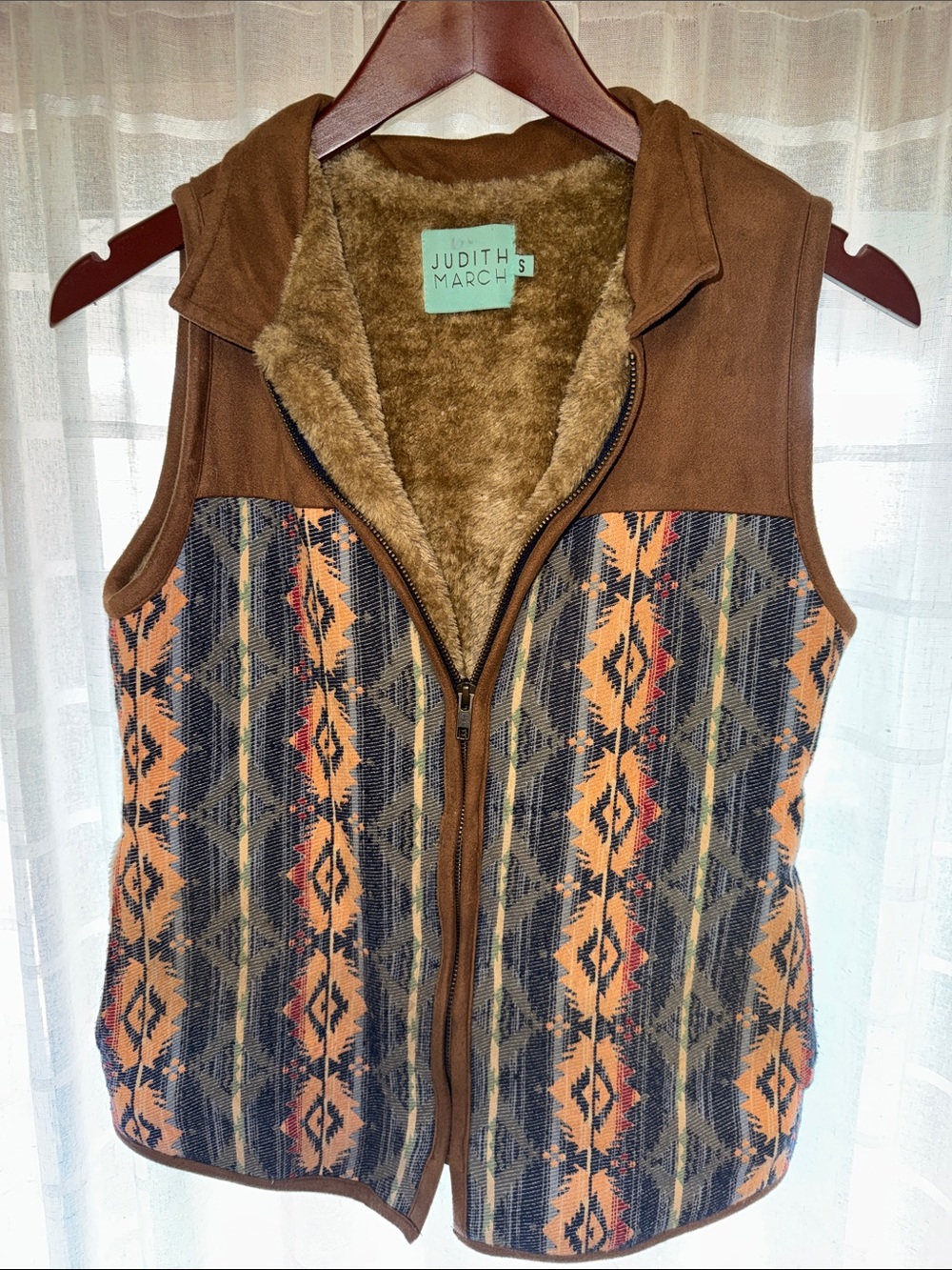 Judith March Brown Southwestern-Pattern Faux Fur Lined Vest